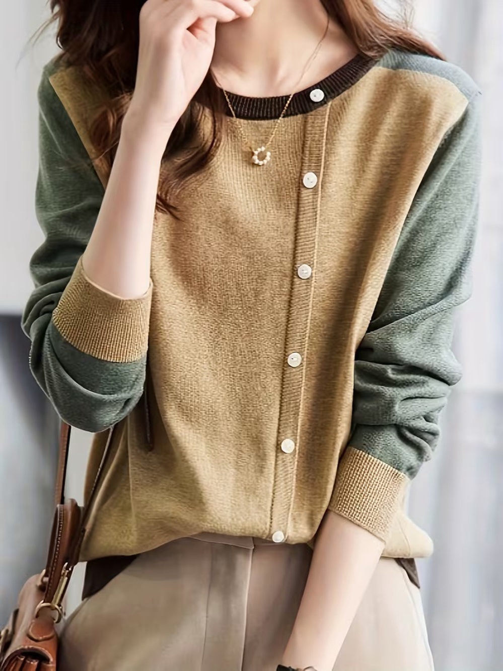 VTG Inspired Colorblock Knit Cardigan Sweater Earth Tone Crewneck Size XL